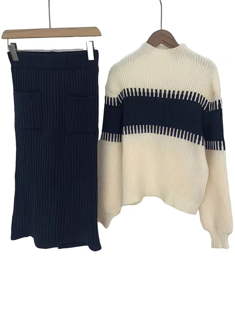 Falda Midi de Cintura Alta y Suéter Oversized de Punto Acanalado para Mujer
