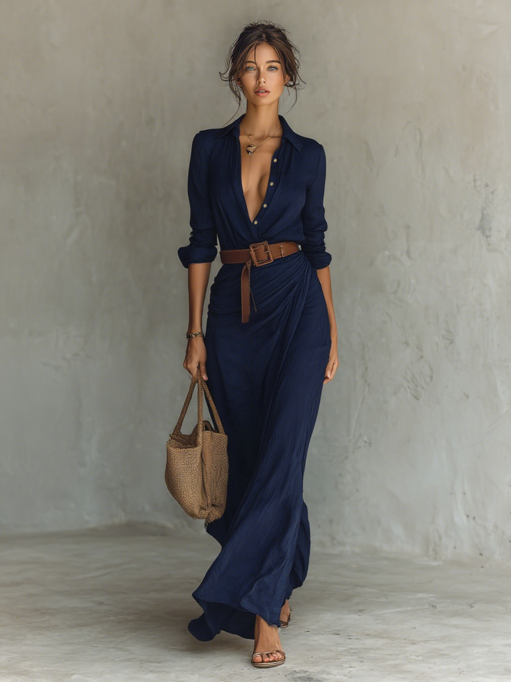 Vestido Maxi con Cinturón y Cuello en V para Mujer
