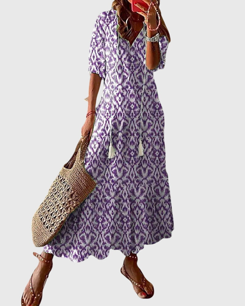 Vestido Largo Estampado V-Cuello para Mujer