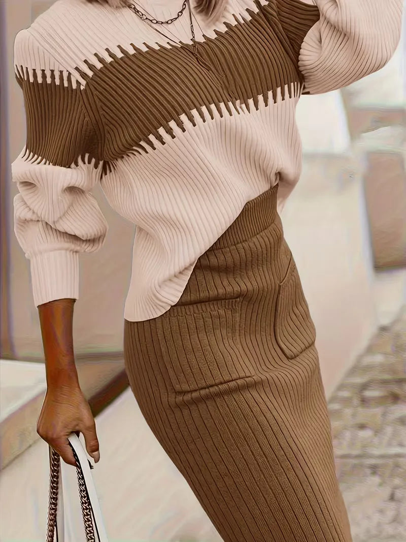 Falda Midi de Cintura Alta y Suéter Oversized de Punto Acanalado para Mujer