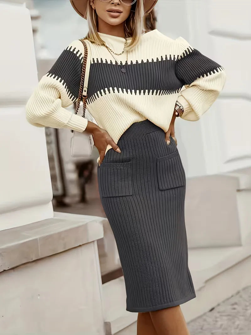 Falda Midi de Cintura Alta y Suéter Oversized de Punto Acanalado para Mujer
