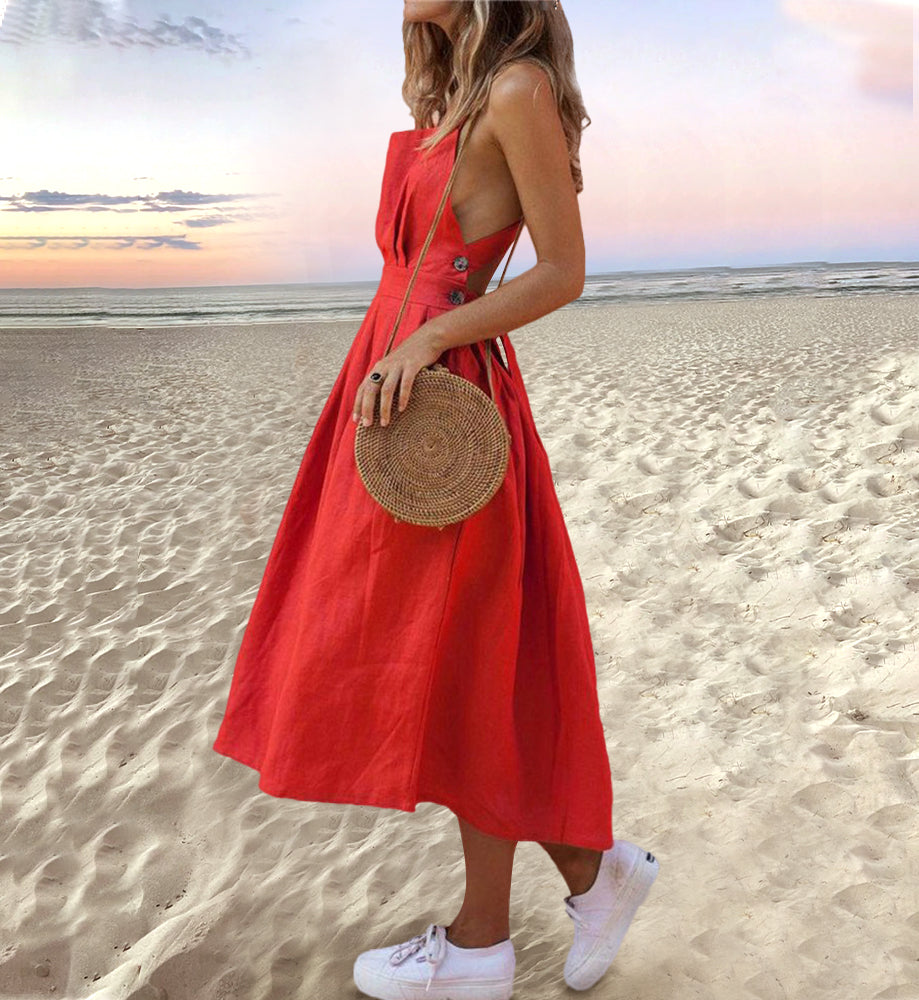 Midi Dress with Back Strap Button Detail for Women