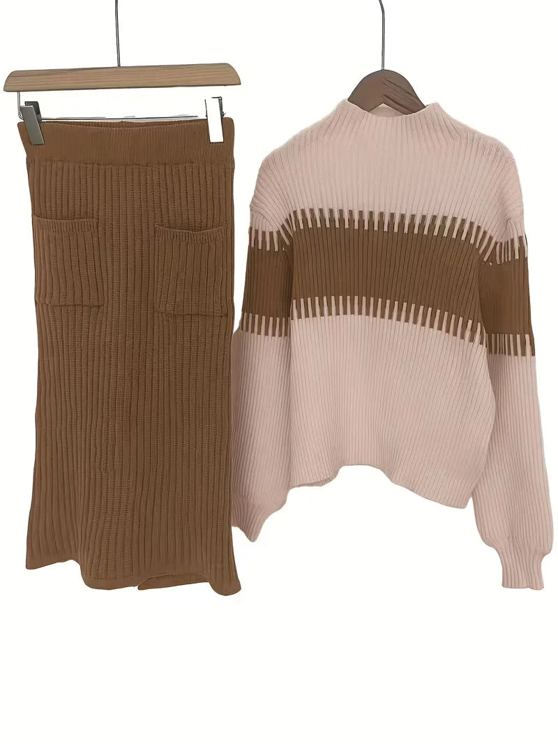 Falda Midi de Cintura Alta y Suéter Oversized de Punto Acanalado para Mujer