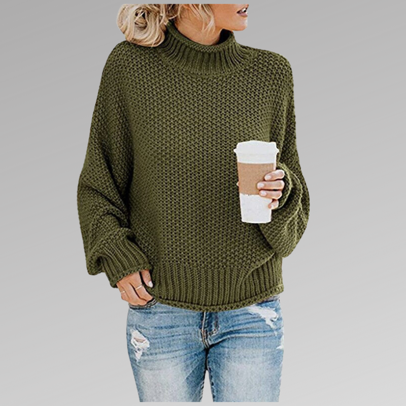Oversized Waffle Knit Mock Neck Sweater with Batwing Sleeves for Women