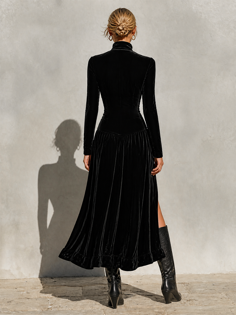 Vestido Largo de Terciopelo con Mangas Largas y Cuello Alto para Mujer