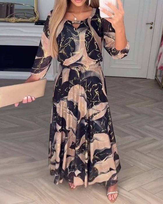 Vestido Largo con Estampado 3D y Mangas de Farol para Mujer