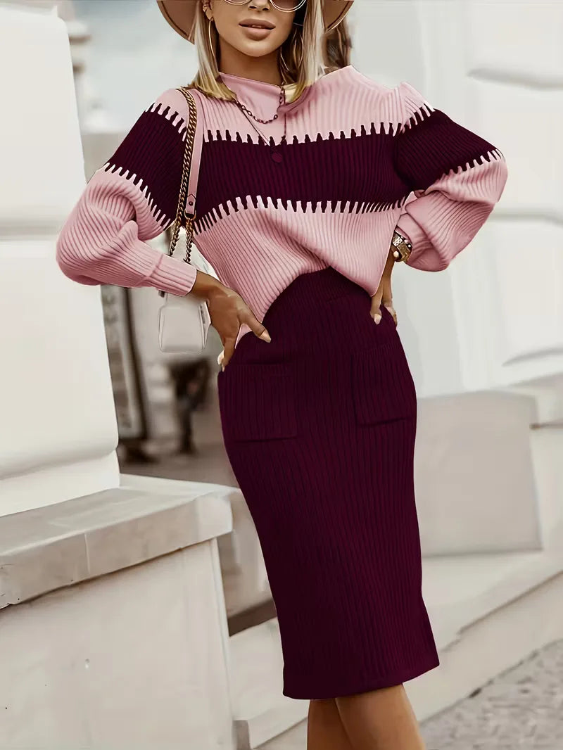 Falda Midi de Cintura Alta y Suéter Oversized de Punto Acanalado para Mujer