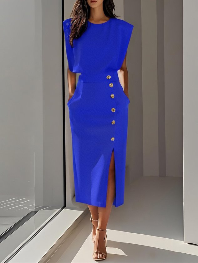 Vestido Midi con Cuello Redondo y Botones para Mujer | Ideal para el Verano