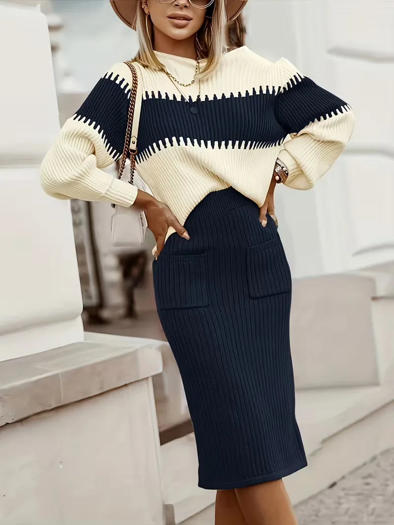 Falda Midi de Cintura Alta y Suéter Oversized de Punto Acanalado para Mujer