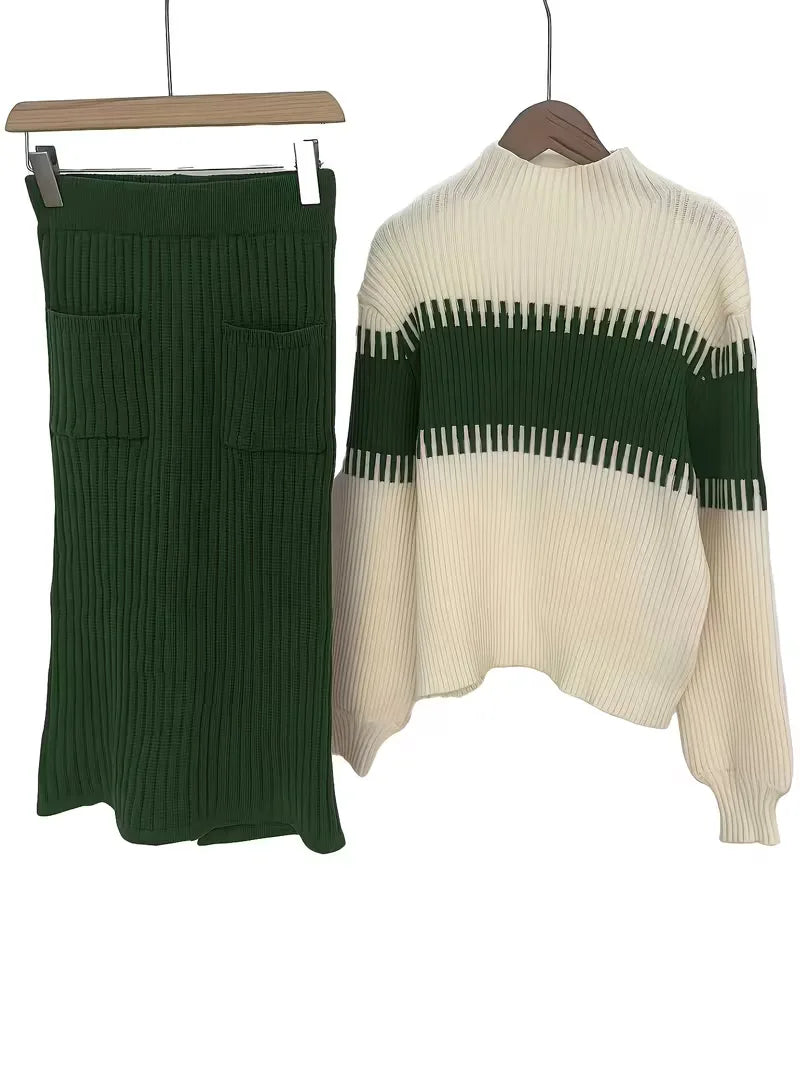 Falda Midi de Cintura Alta y Suéter Oversized de Punto Acanalado para Mujer