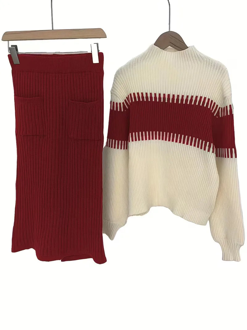 Falda Midi de Cintura Alta y Suéter Oversized de Punto Acanalado para Mujer