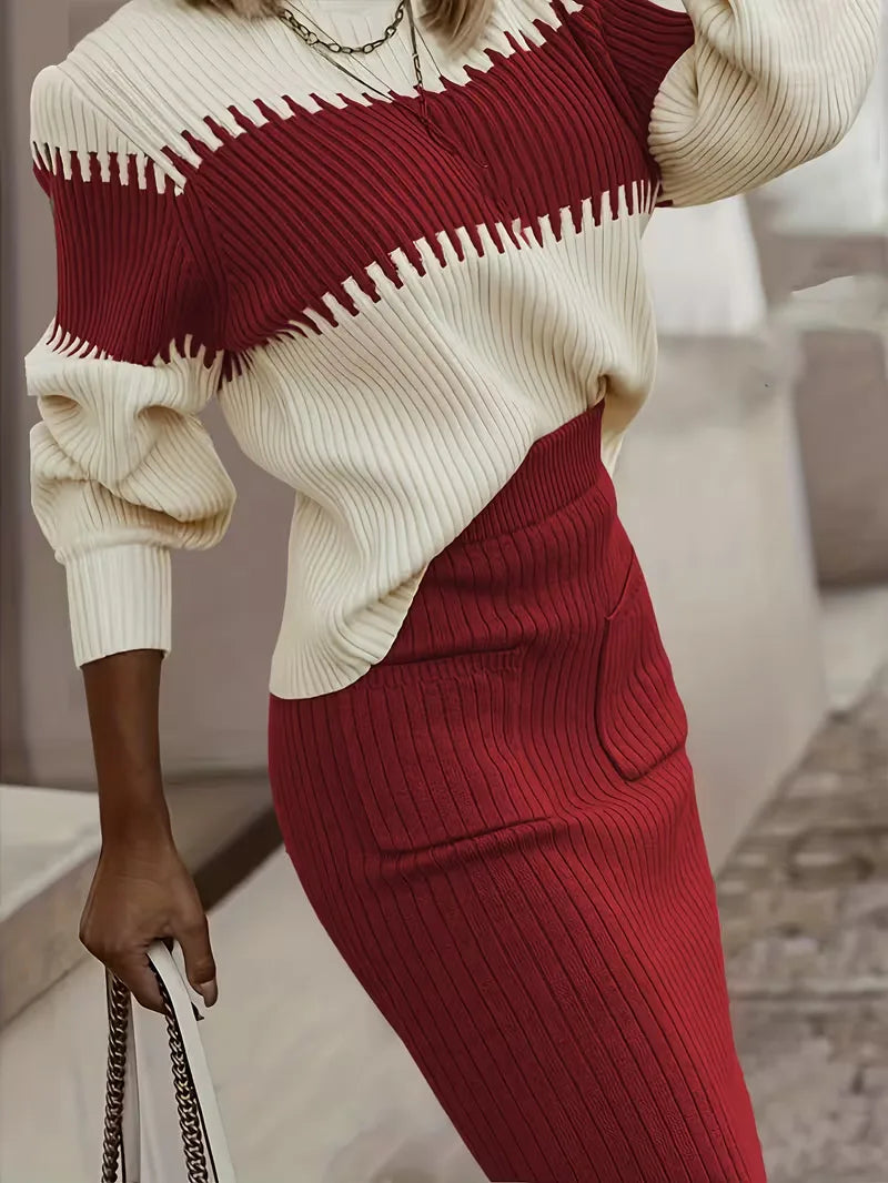 Falda Midi de Cintura Alta y Suéter Oversized de Punto Acanalado para Mujer