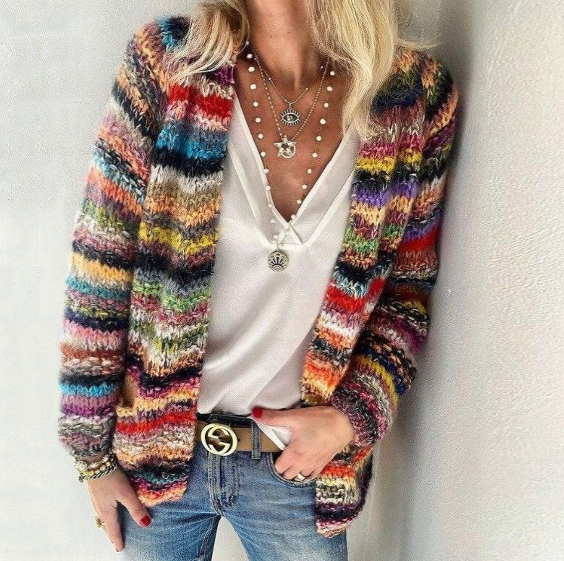 Cardigan Abierto de Punto Grueso a Rayas Multicolor para Mujer