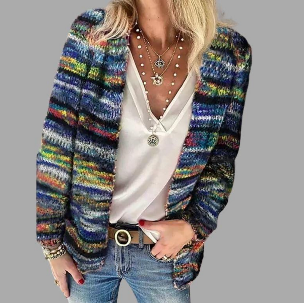 Cardigan Abierto de Punto Grueso a Rayas Multicolor para Mujer