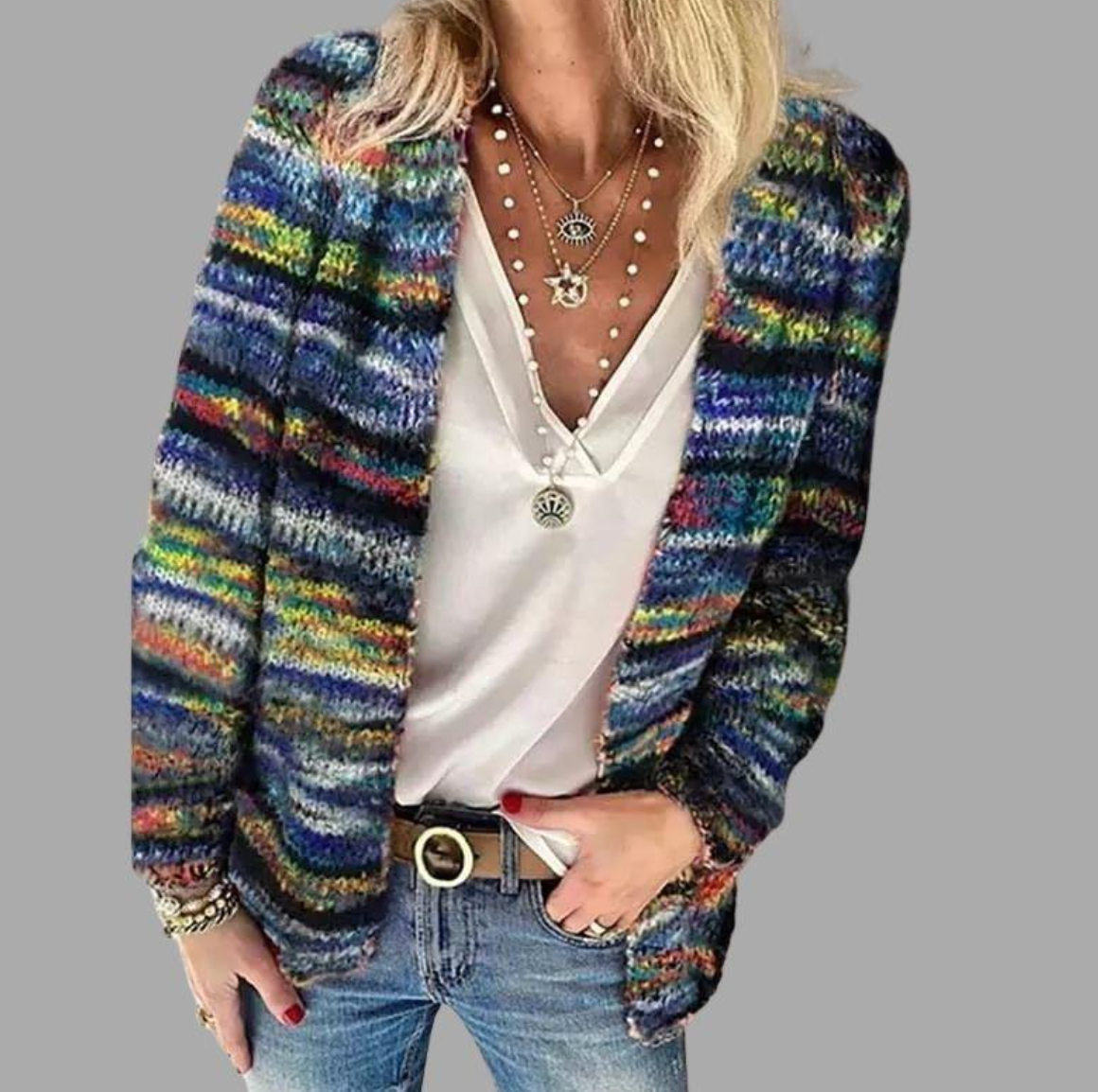 Cardigan Abierto de Punto Grueso a Rayas Multicolor para Mujer