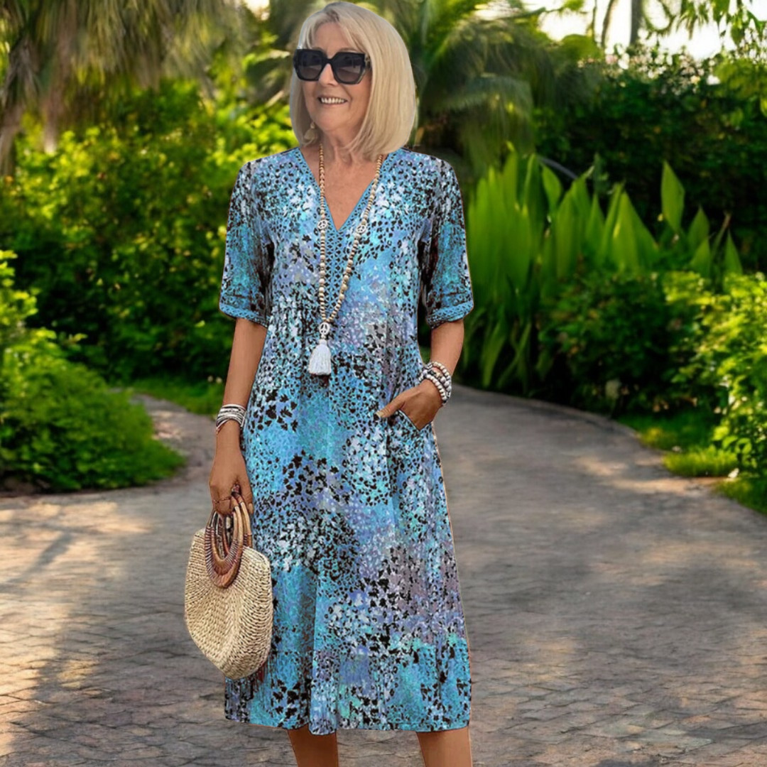 Vestido Midi con Estampado Floral y Bolsillos para Mujer