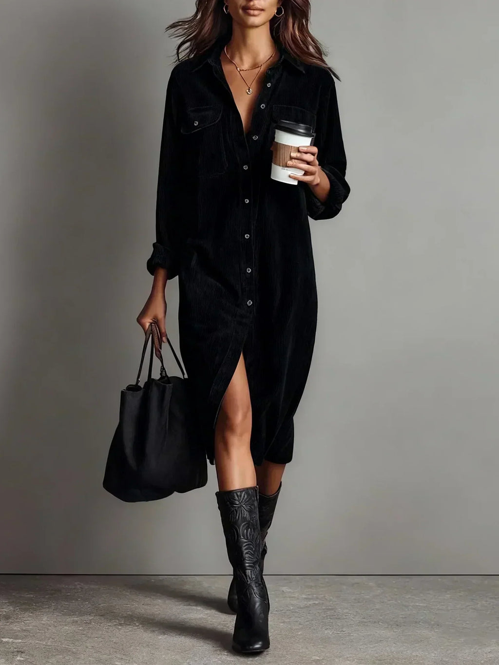 Long Sleeve Button Down Midi Shirt Dress for Women