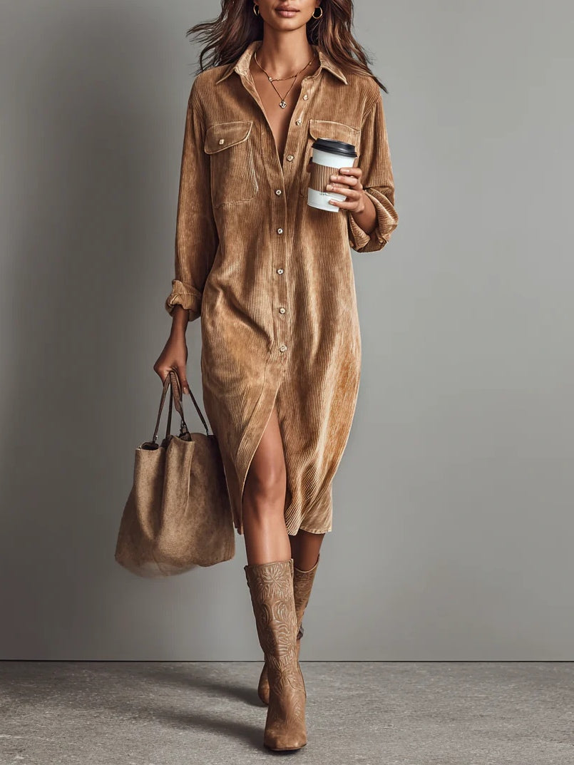 Long Sleeve Button Down Midi Shirt Dress for Women