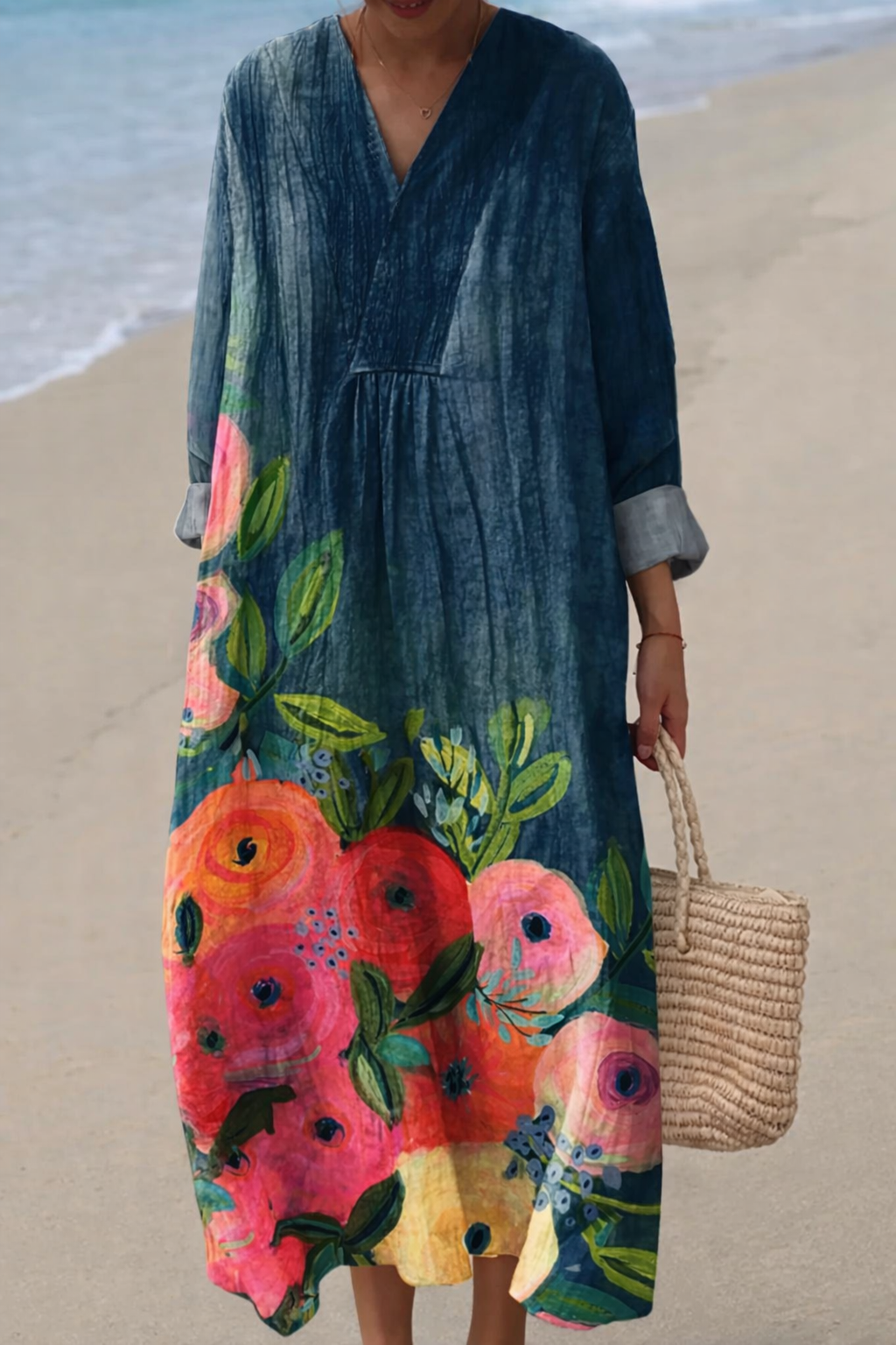 Vestido Maxi con Mangas Largas y Estampado Floral para Mujer