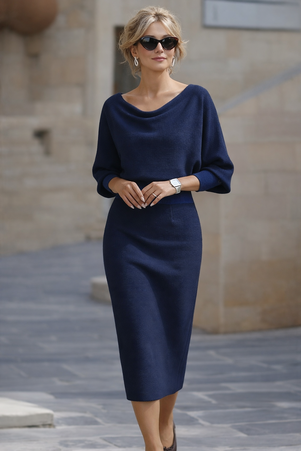 Vestido Midi de Suéter de Punto Acanalado con Mangas Murciélago para Mujer