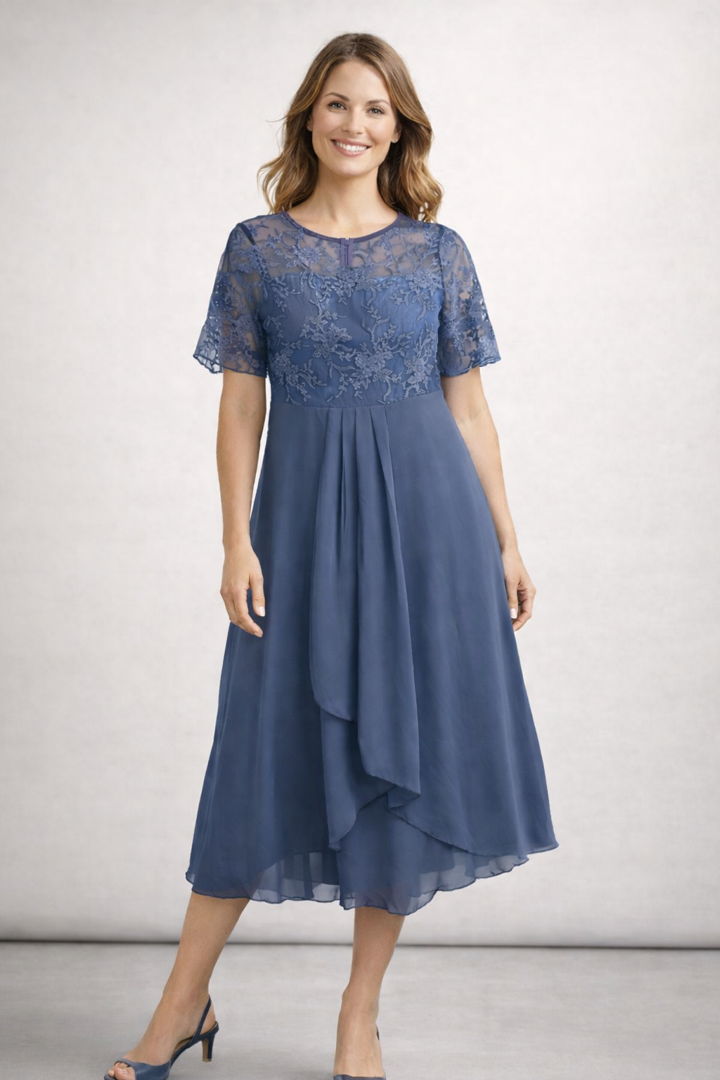 Vestido Midi con Encaje y Chiffon para Mujer