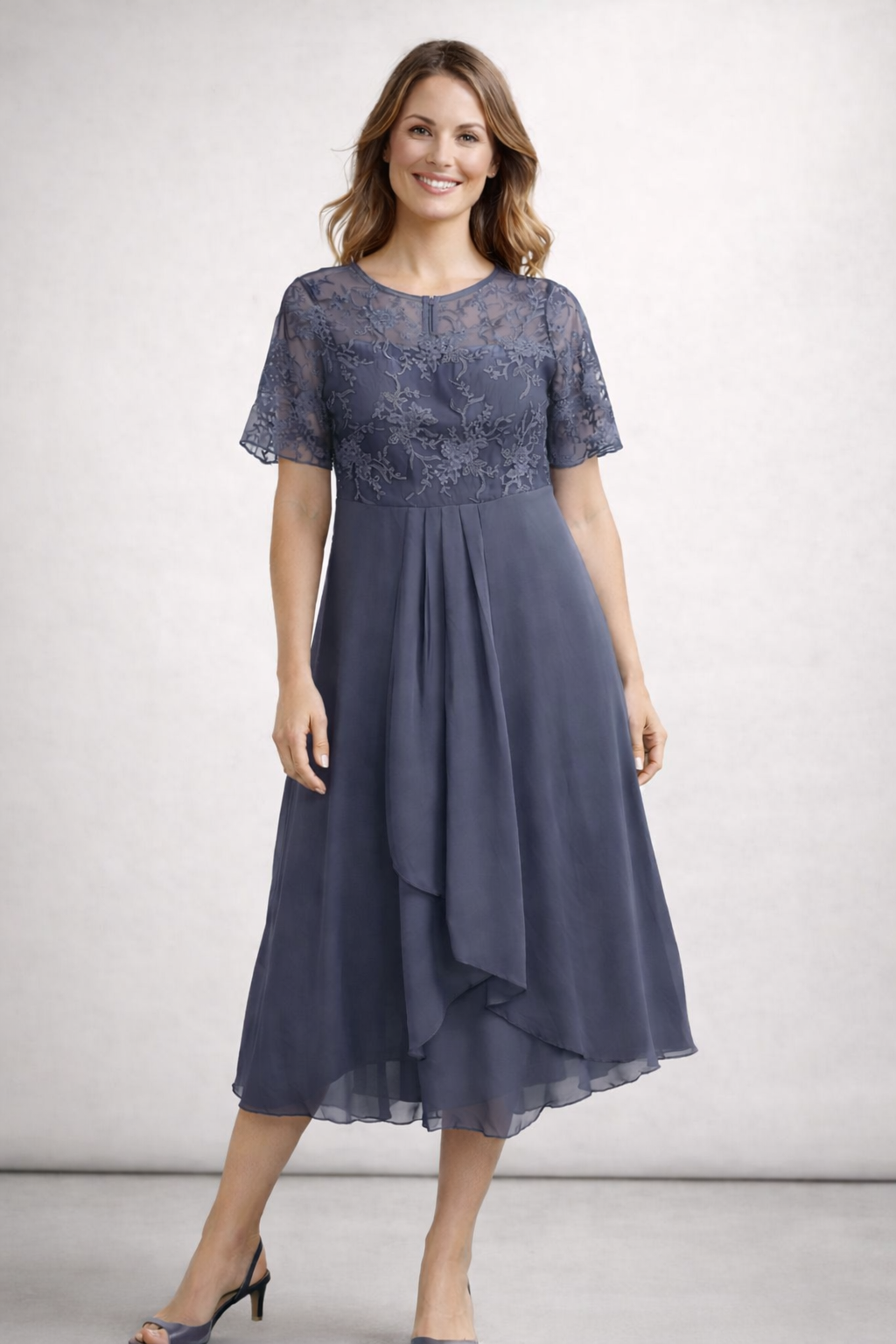 Vestido Midi con Encaje y Chiffon para Mujer