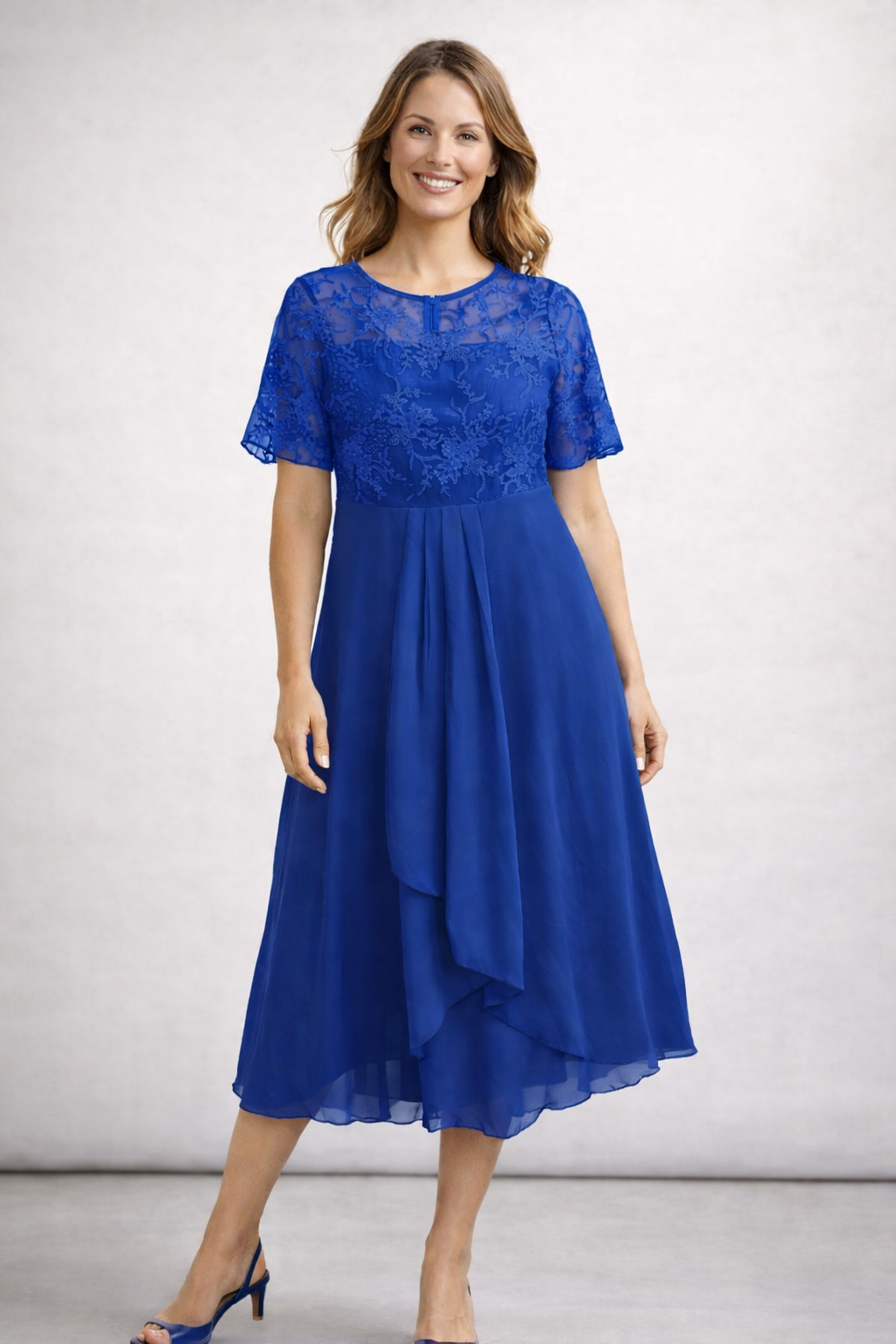 Vestido Midi con Encaje y Chiffon para Mujer