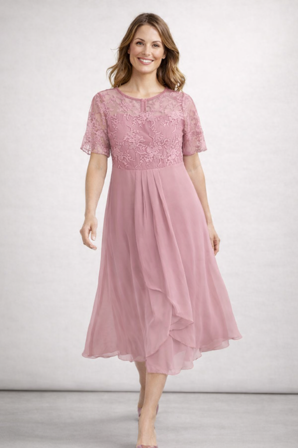 Vestido Midi con Encaje y Chiffon para Mujer