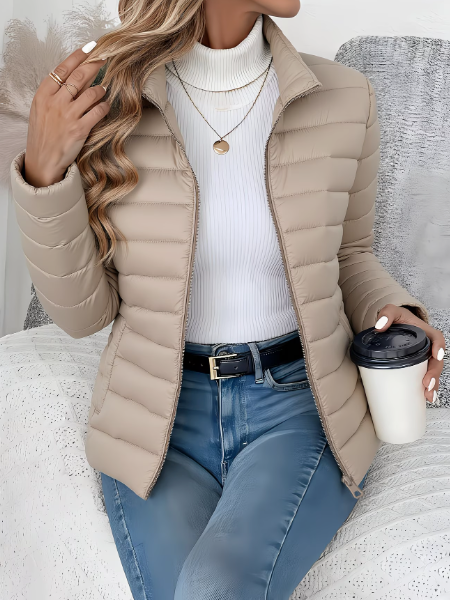 Chaqueta Puffer Acolchada de Largo Cadera con Cuello Alto para Mujer