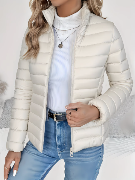 Chaqueta Puffer Acolchada de Largo Cadera con Cuello Alto para Mujer