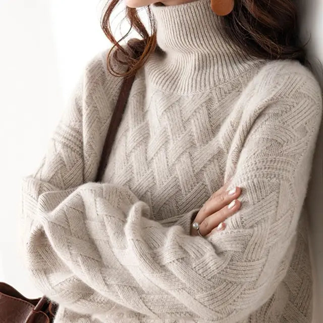 Oversized Cable Knit Turtleneck Sweater with Chunky Knit