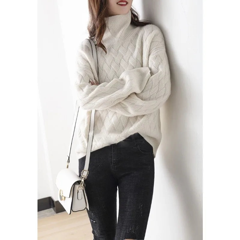 Oversized Cable Knit Turtleneck Sweater with Chunky Knit