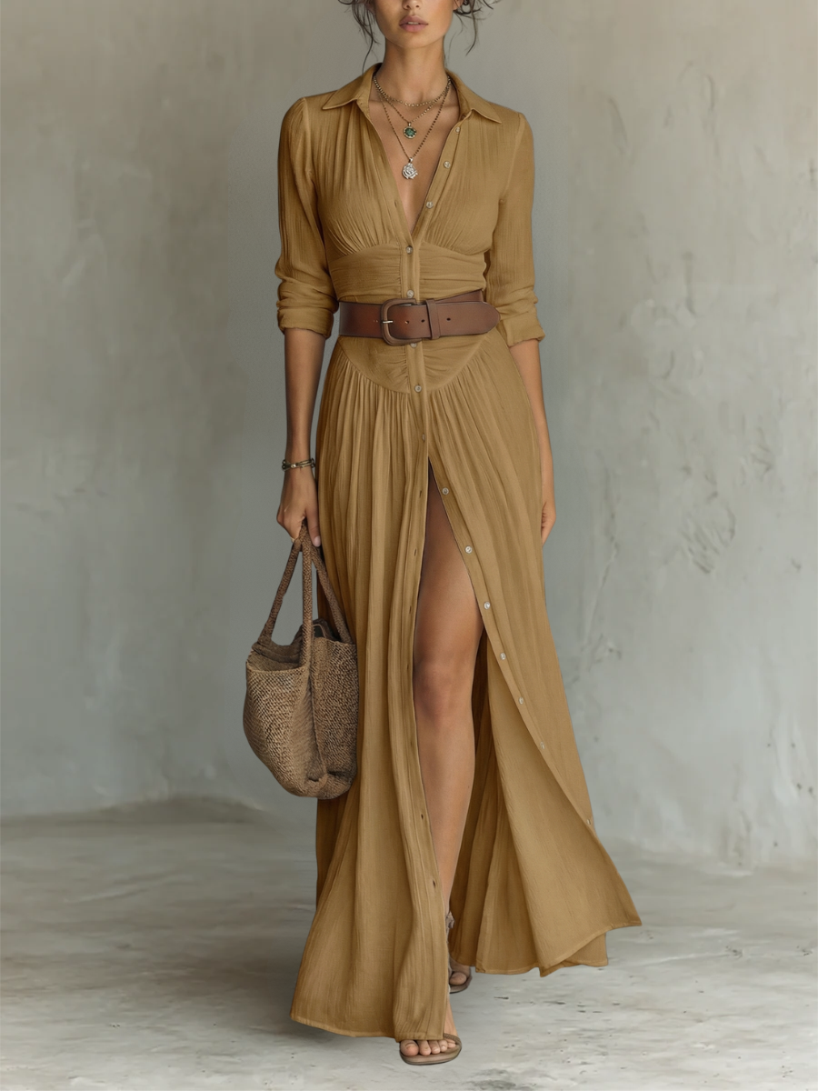 Vestido Maxi con Pliegues y Manga Larga para Mujer