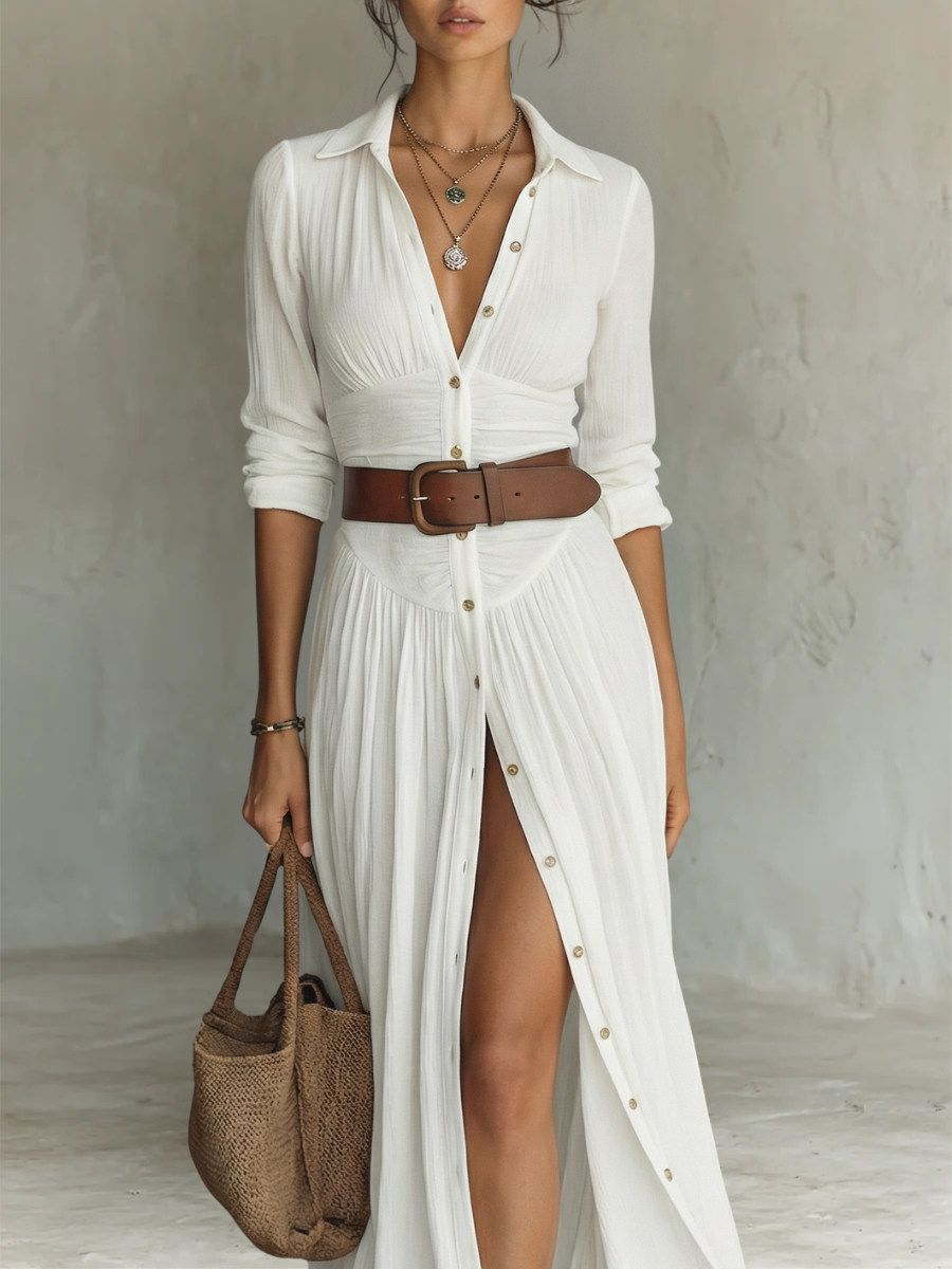 Vestido Maxi con Pliegues y Manga Larga para Mujer