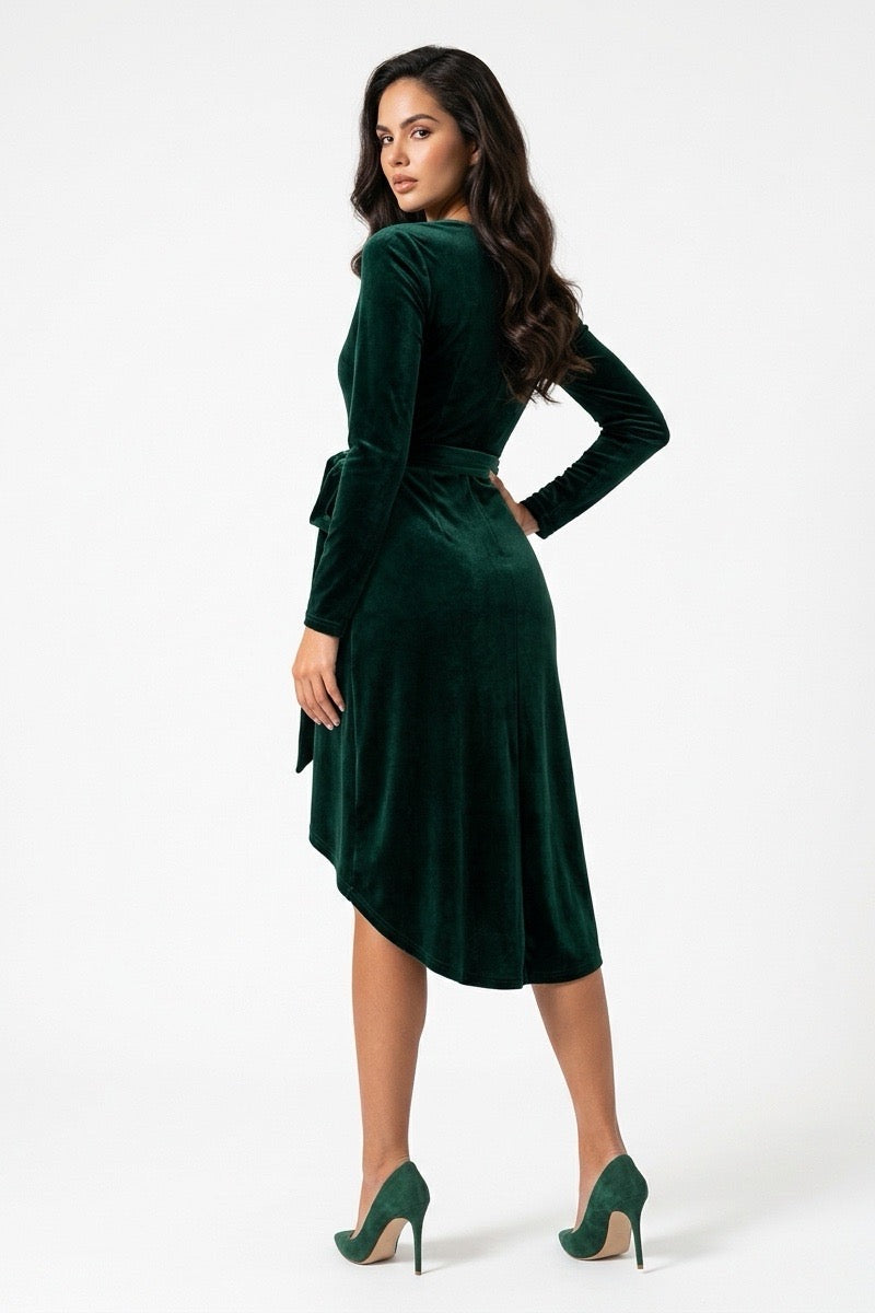 Vestido Midi Envoltura de Terciopelo con Mangas Largas y Cintura Ajustable para Mujer