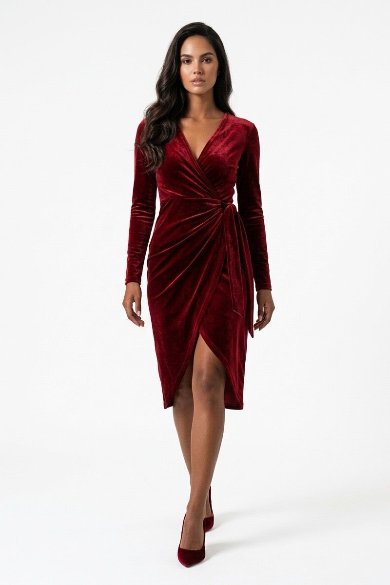 Vestido Midi Envoltura de Terciopelo con Mangas Largas y Cintura Ajustable para Mujer