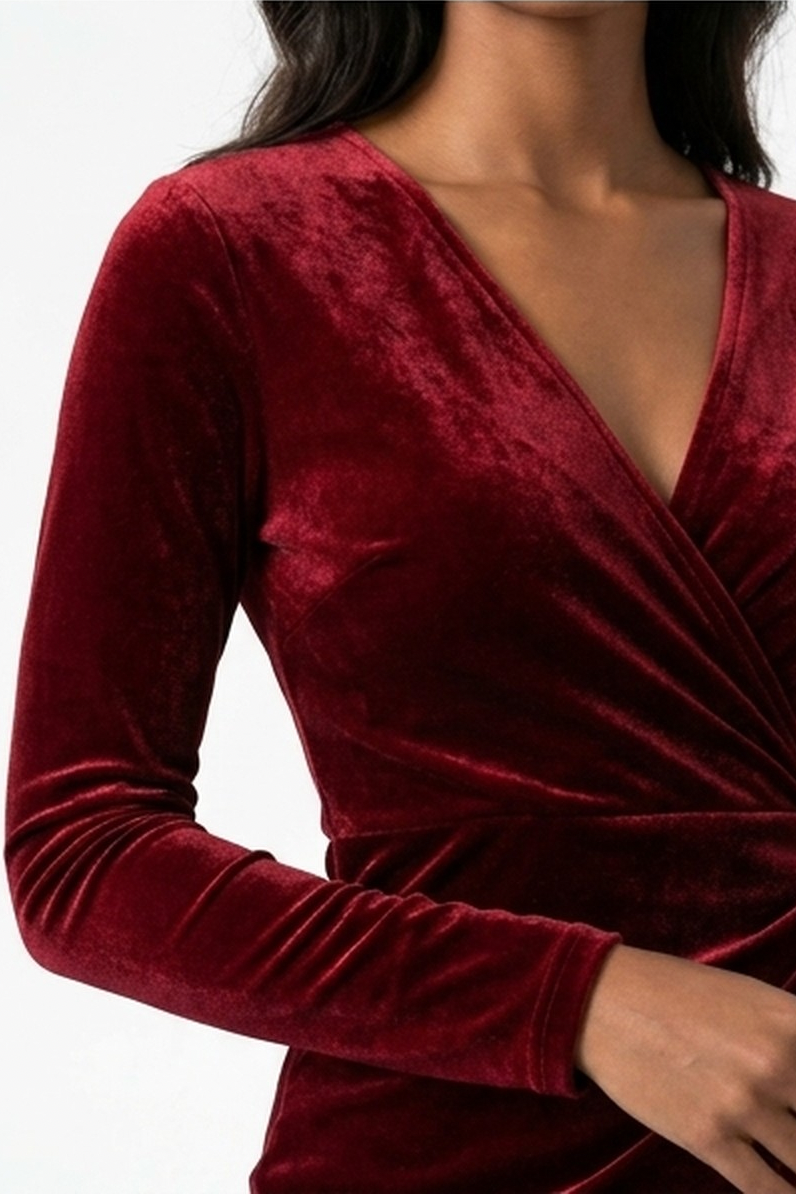 Vestido Midi Envoltura de Terciopelo con Mangas Largas y Cintura Ajustable para Mujer