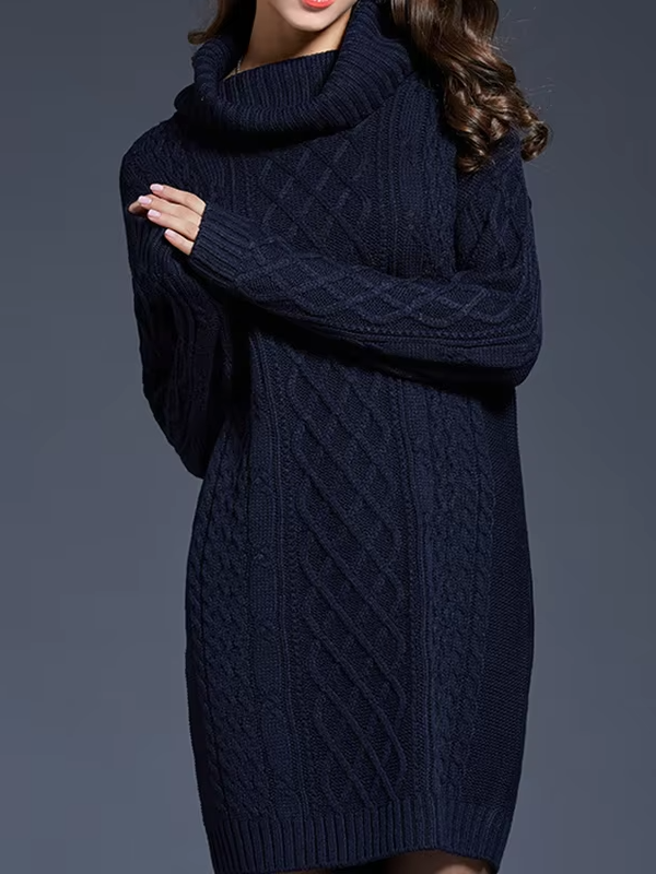 Vestido Suéter de Cuello Alto en Punto Trenzado Grueso para Mujer