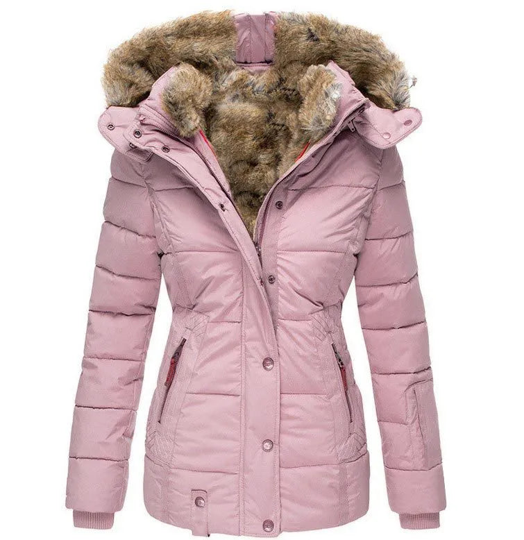 Chaqueta Acolchada para Mujeres con Capucha y Detalles de Ribete Sintético