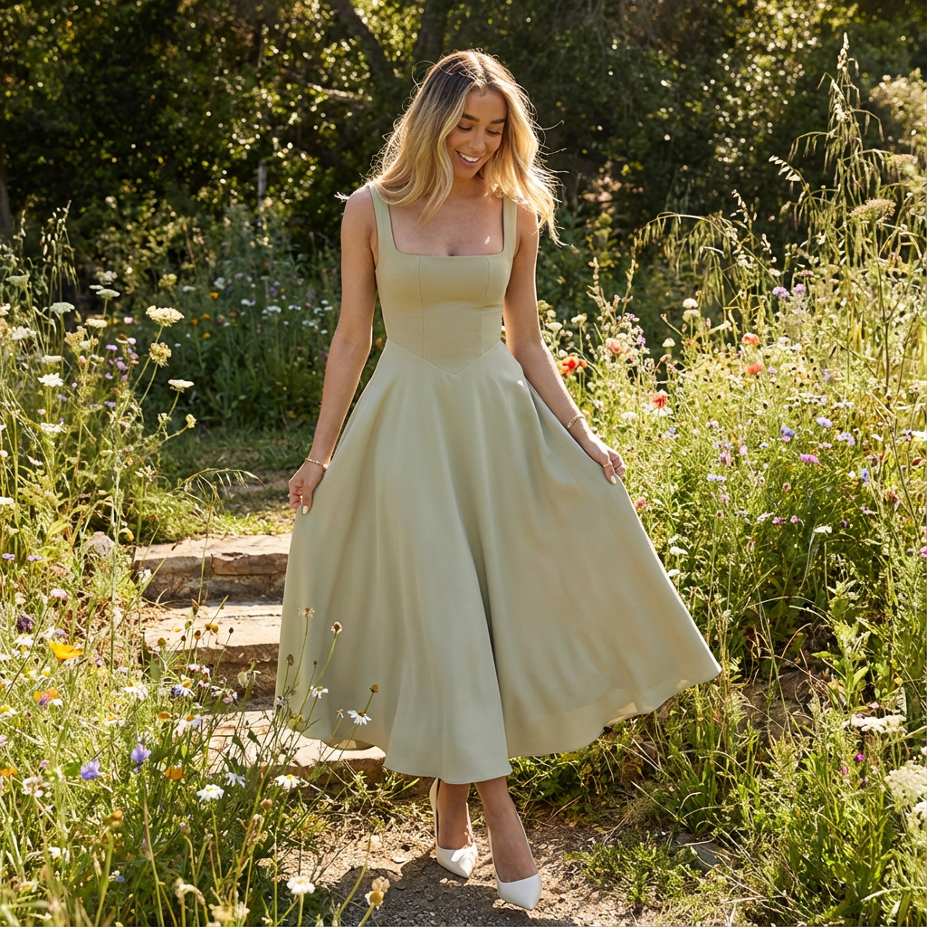 Vestido Midi de Tirante con Corte A para Mujer