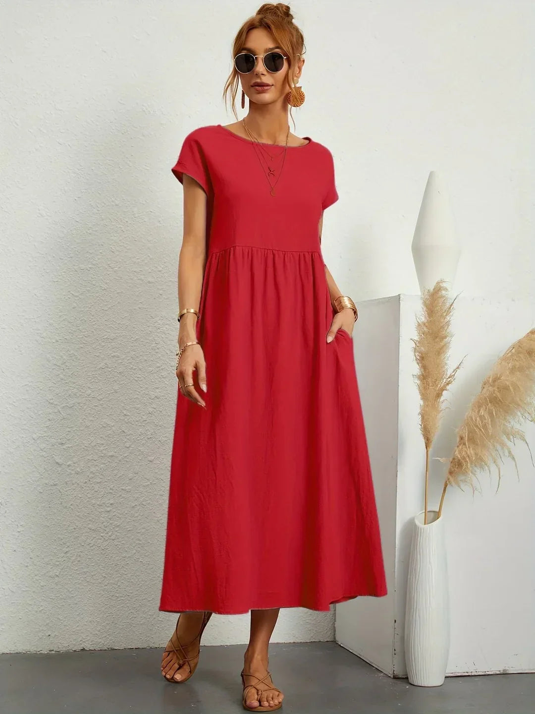 Vestido Casual de Manga Corta con Bolsillos para Mujer