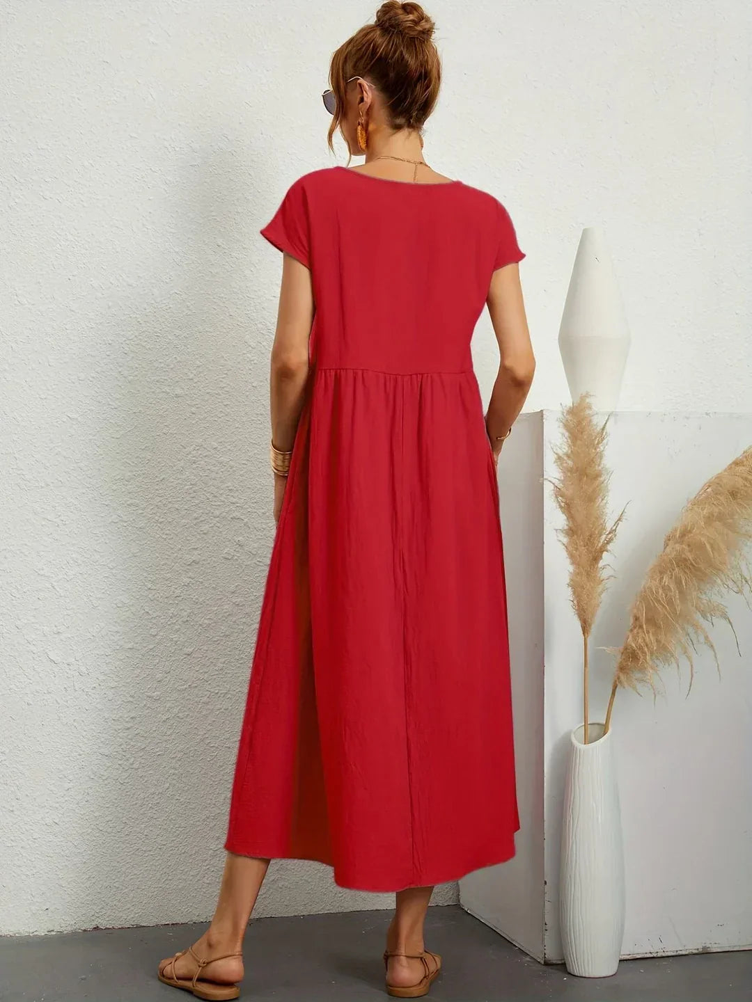 Vestido Casual de Manga Corta con Bolsillos para Mujer
