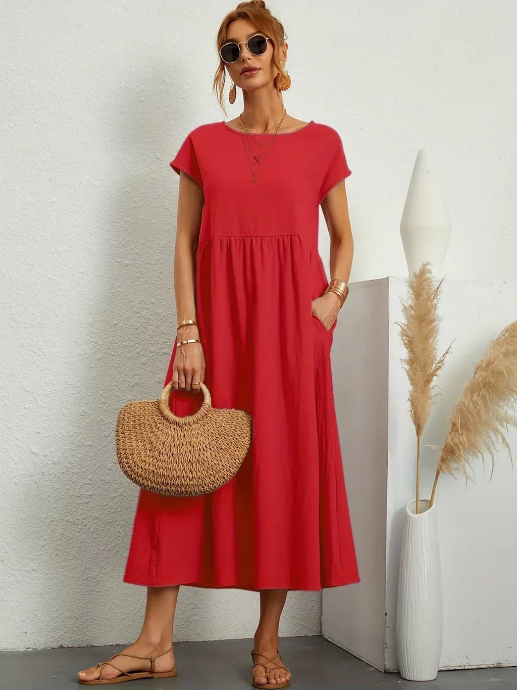 Vestido Casual de Manga Corta con Bolsillos para Mujer