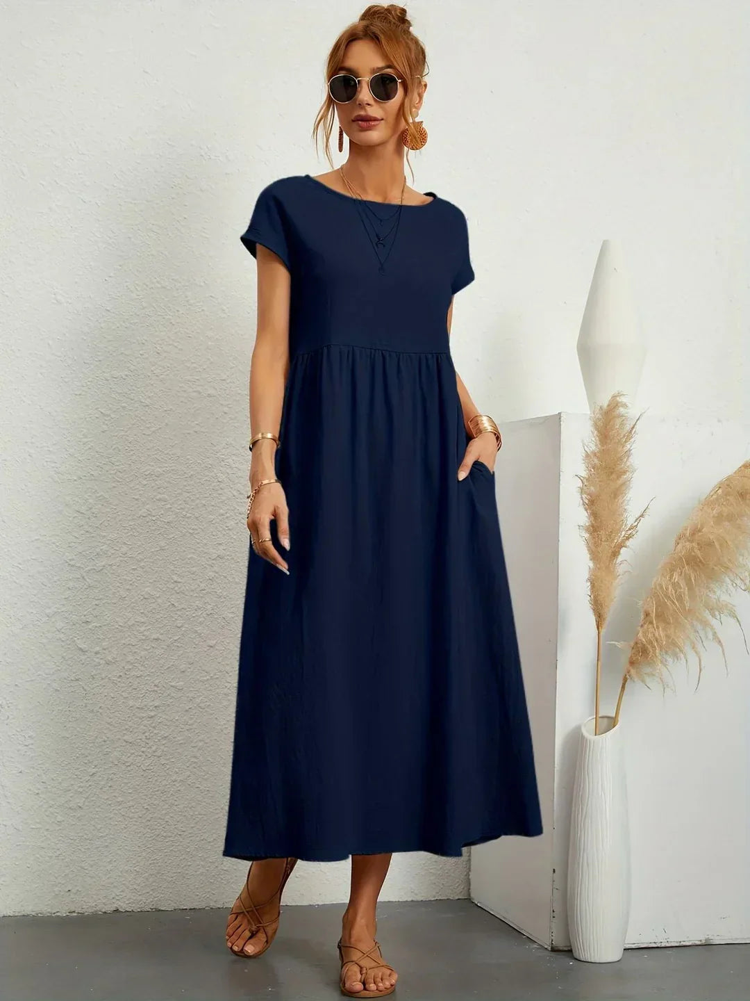 Vestido Casual de Manga Corta con Bolsillos para Mujer