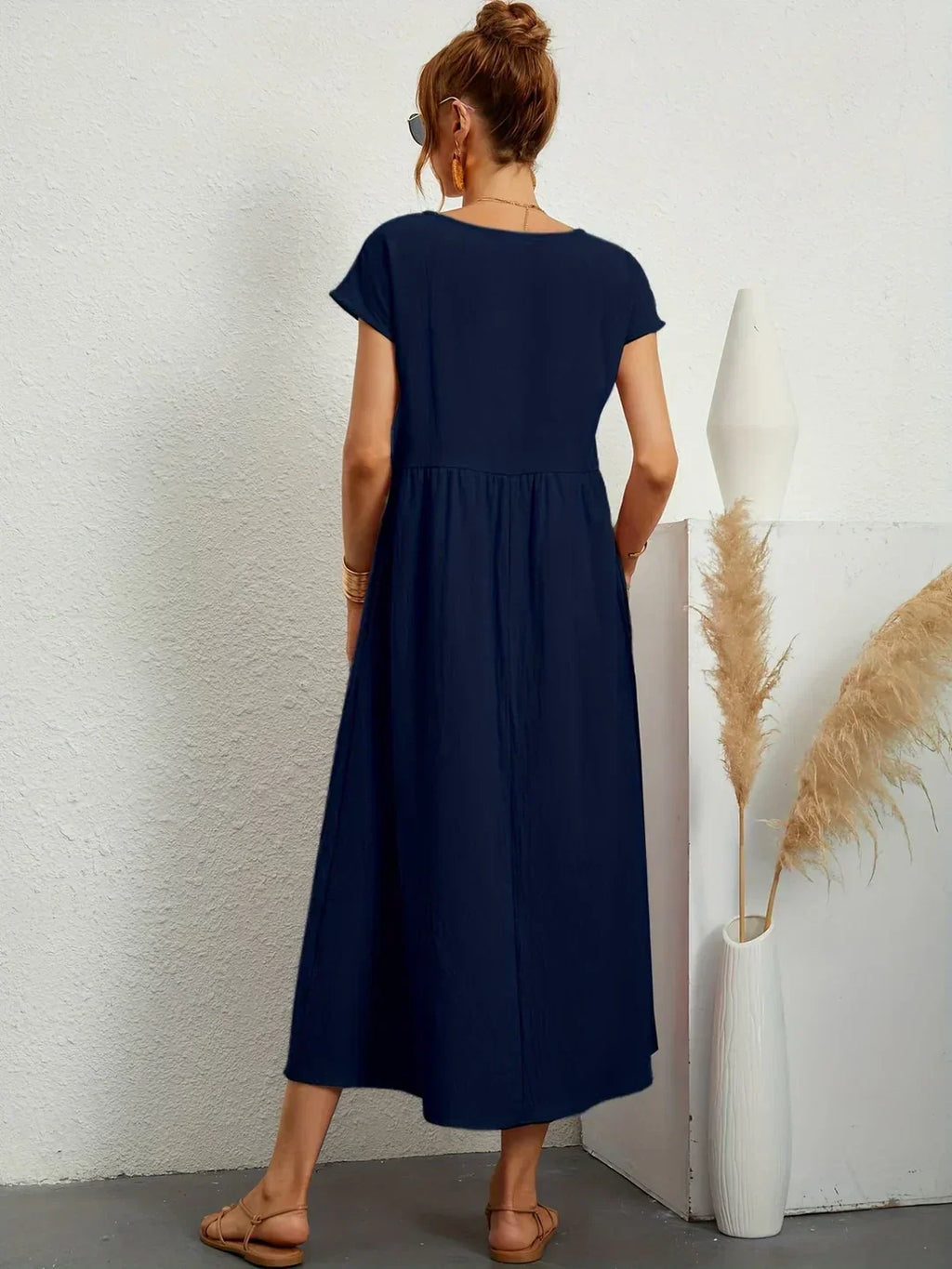 Vestido Casual de Manga Corta con Bolsillos para Mujer