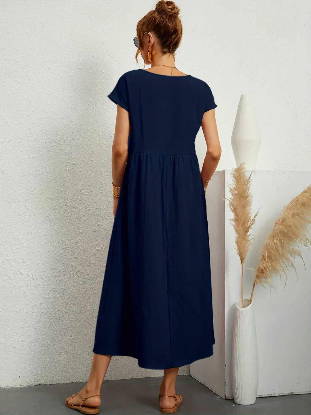 Vestido Casual de Manga Corta con Bolsillos para Mujer