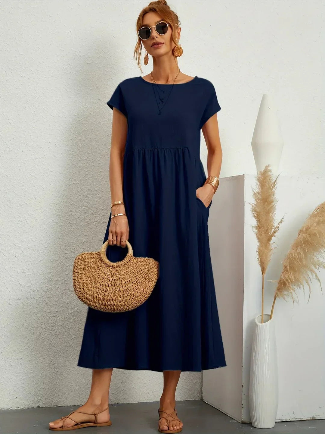Vestido Casual de Manga Corta con Bolsillos para Mujer