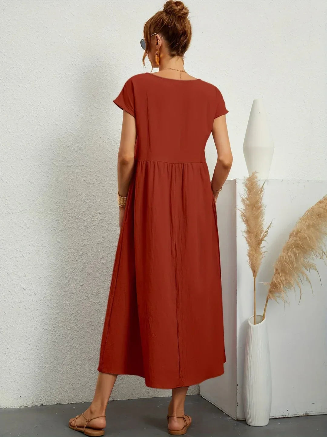 Vestido Casual de Manga Corta con Bolsillos para Mujer