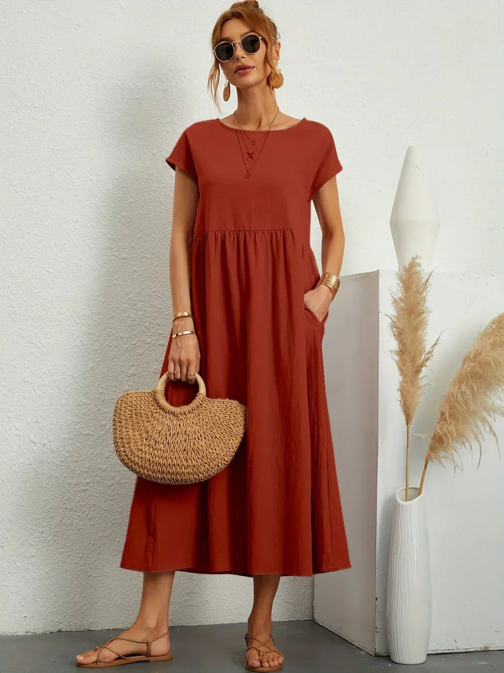 Vestido Casual de Manga Corta con Bolsillos para Mujer