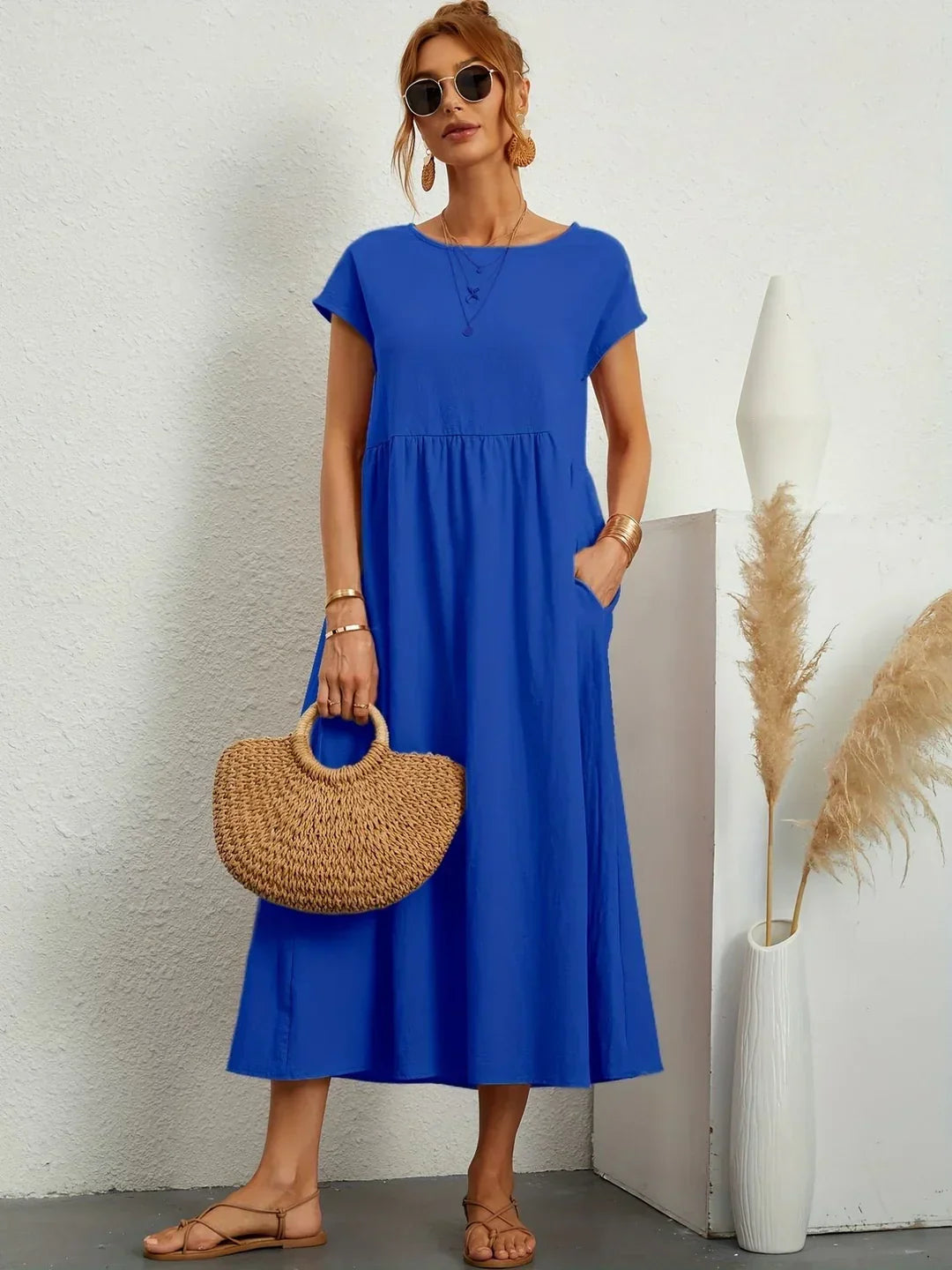 Vestido Casual de Manga Corta con Bolsillos para Mujer